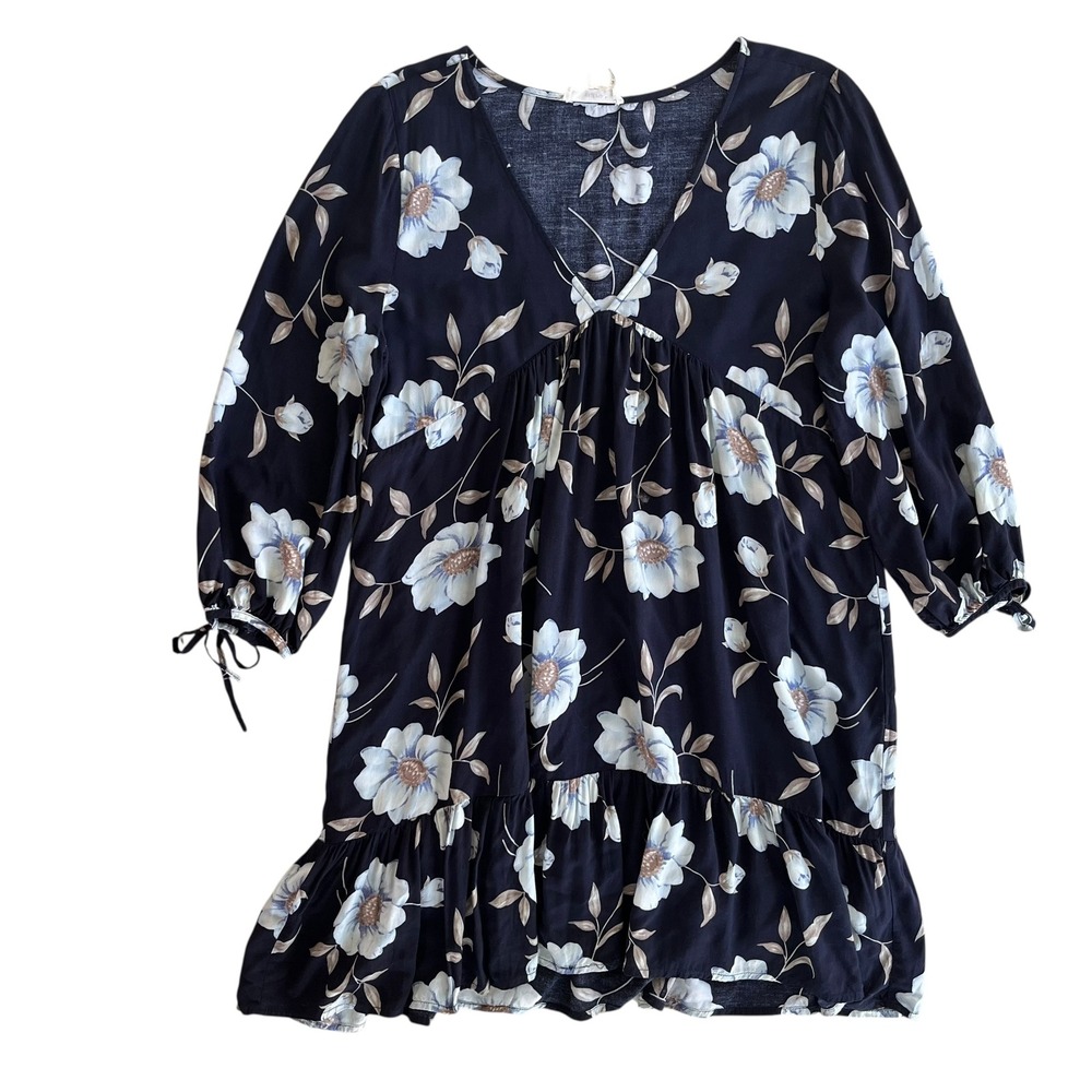 Entro Women L Navy Blue Floral Print 3/4 Tie Sleeve V Neck Ruffle Hem Dress Boho